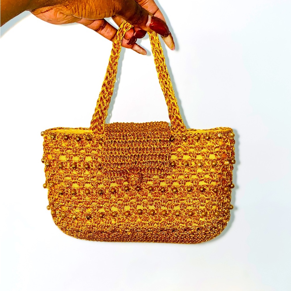 Vintage Woven Beaded Handbag in Yellow-Gold / Cute Accessory